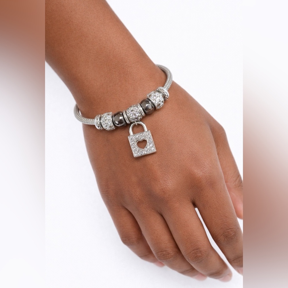 Mint Stainless Steel Heart PadLock Crystals Charm Silvertone Bangle Bracelet NEW